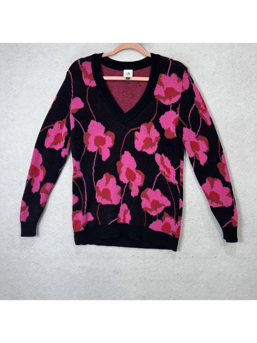 Cabi Sweater Womens XS Black Pink Floral V Neck Long Sleeve Knit Pullover
